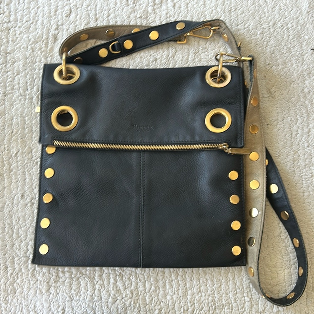 Hammitt Montana Reversible Pewter Black Leather Large Crossbody Shoulder Handbag